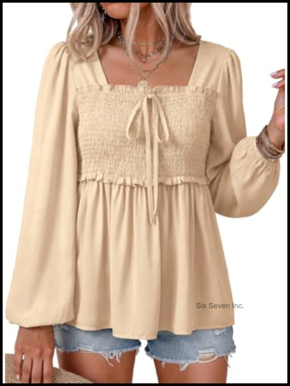Womens Square Neck Smocked Ruffle Peplum Blouse Long Balloon Sleeve Top